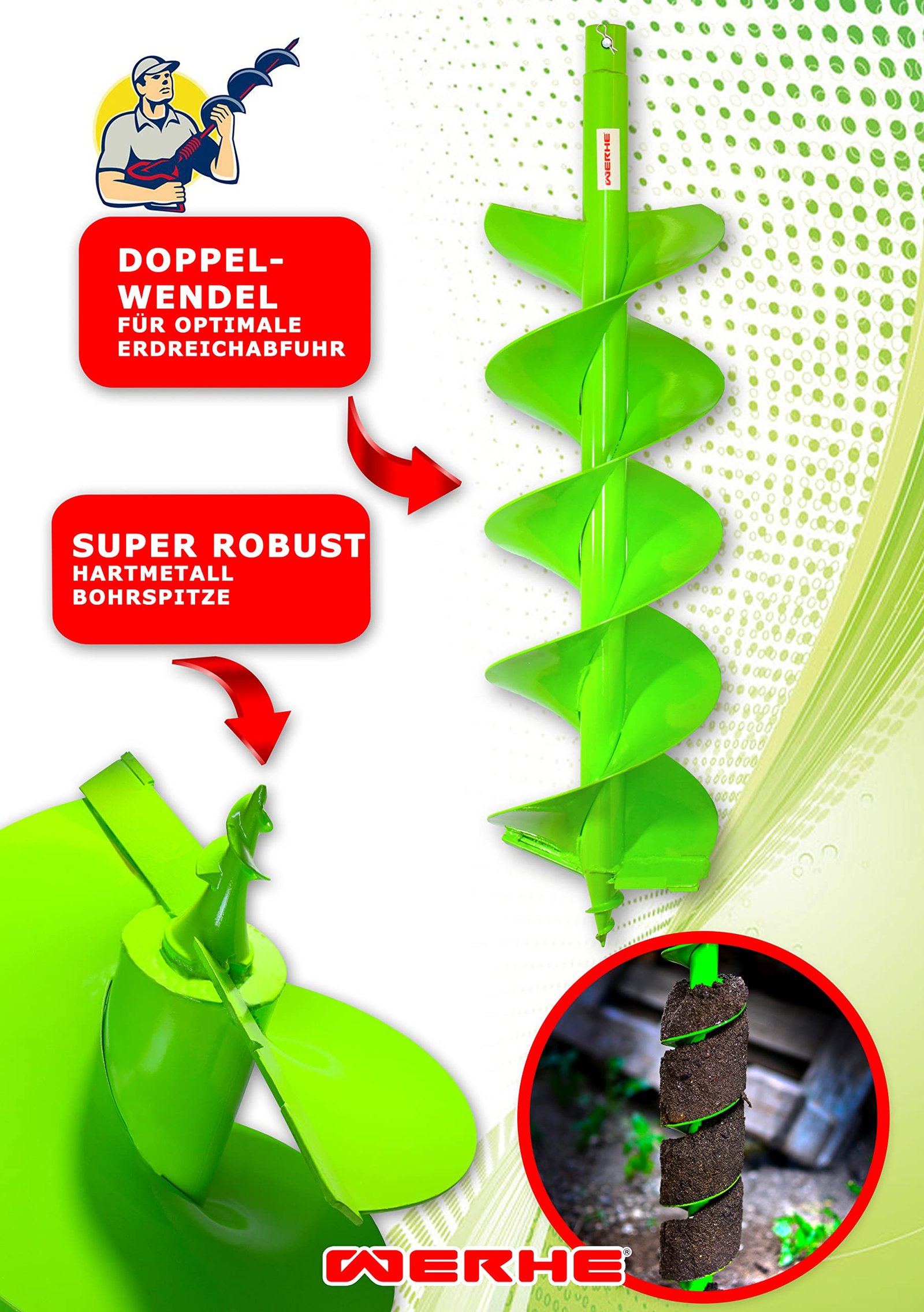 WERHE® Profi Bohrer Starker Stahl, Erdbohrer für bohrmaschine 250 mm Doppel-Welle extrem robust mit SDS Max Adapter - Pfahlbohrer Brunnenbohrer präzise Bohrspitze. - Image 5